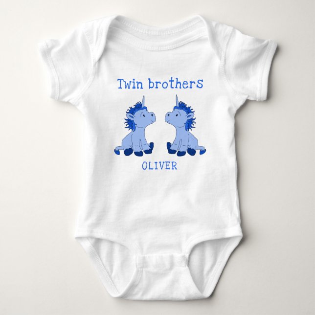 Cute Unicorn Twin Brothers Baby Bodysuit with Name (Front)