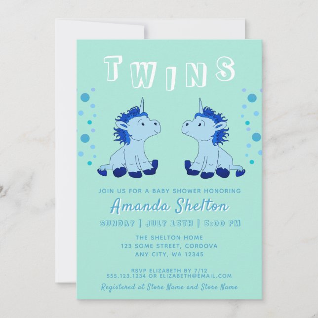 Cute Unicorn Twins 2 Baby Boys Baby Shower Invitation (Front)