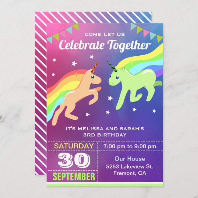 Cute Unicorn Twins Birthday Party Invitation (Front/Back)