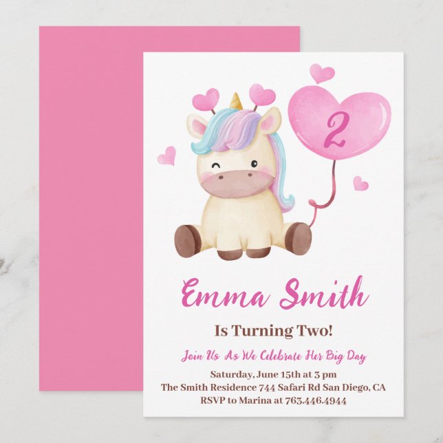 Cute Unicorn Watercolor Birthday Party  Invitation (Front/Back)