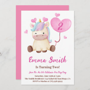 Cute Unicorn Watercolor Birthday Party  Invitation