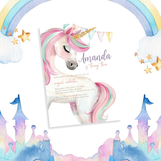 Cute Unicorn Watercolor Glitter Birthday Invitation (Creator Uploaded)