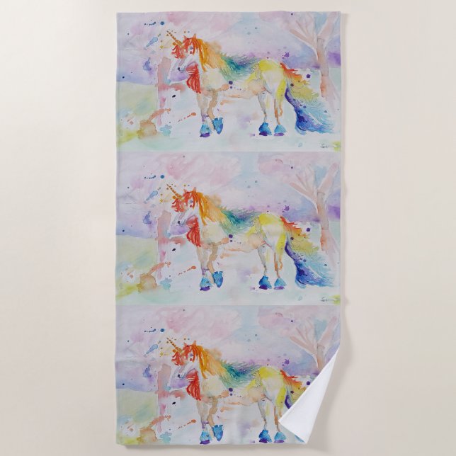 Cute Unicorn Watercolour Girls Beach Towel (Front)