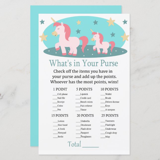 Cute Unicorn What's in your purse game baby shower (Front/Back)