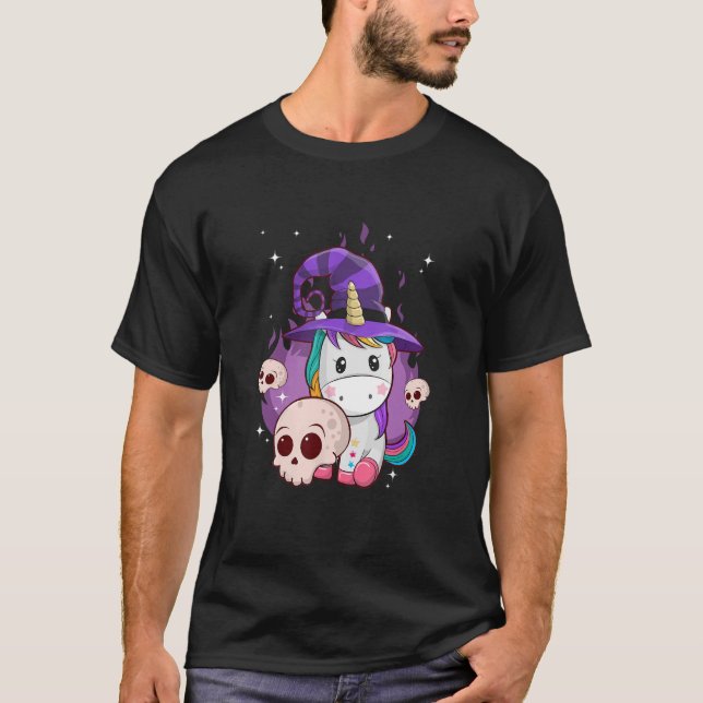 Cute Unicorn Witch Hat Skull  Halloween Costume T-Shirt (Front)