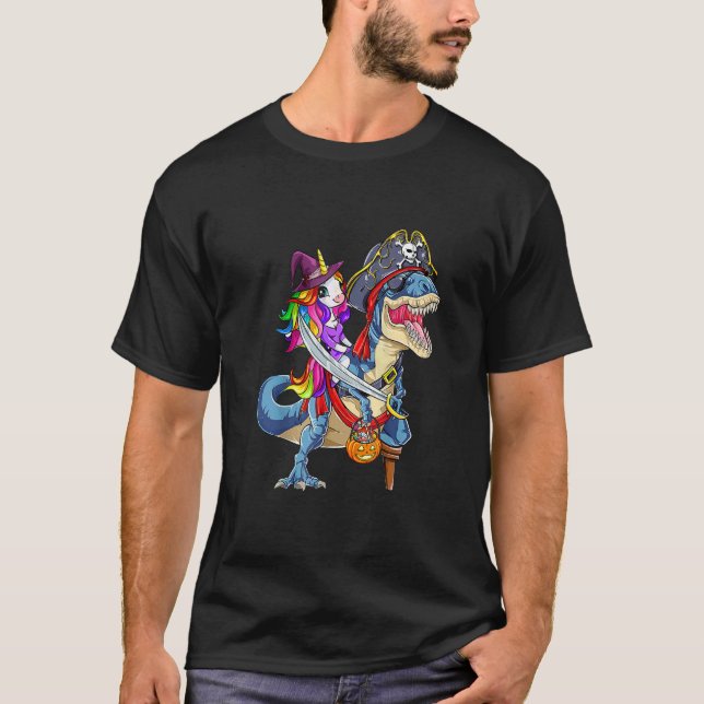 Cute Unicorn Witch Riding Dinosaur Pumpkin Hallowe T-Shirt (Front)
