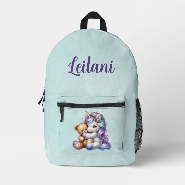 Cute Unicorn with a Teddy Bear Personalised  Printed Backpack (Front)