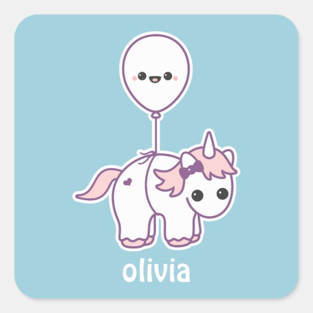Cute Unicorn with Balloon Square Sticker (Front)