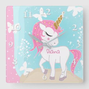 Cute unicorn with butterflies. square wall clock