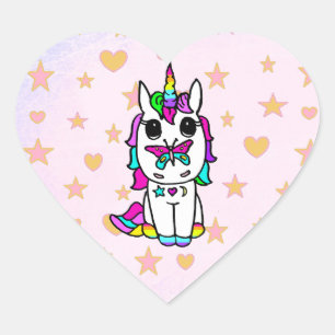 Cute Unicorn with Butterfly Stars and Hearts Heart Sticker