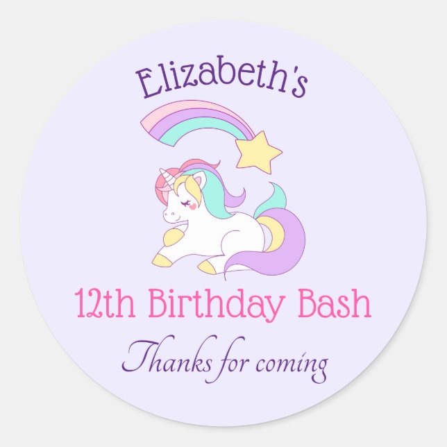 Cute Unicorn with Colourful Shooting Star Birthday Classic Round Sticker (Front)