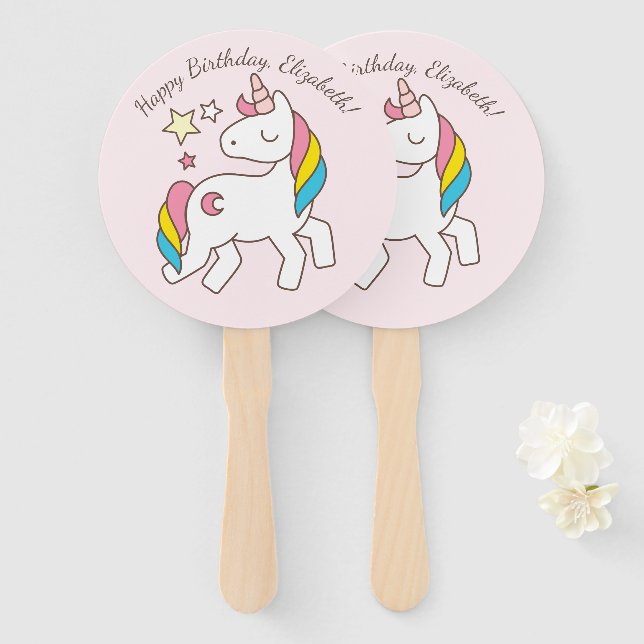 Cute Unicorn with Cute Stars Birthday Hand Fan (Front and Back)