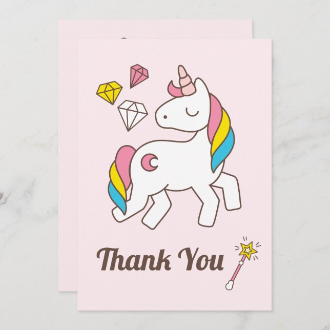 Cute Unicorn with Cute Wand & Diamonds. Thank You Invitation (Front/Back)