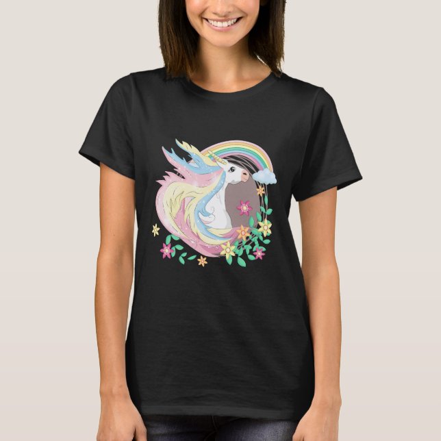 Cute Unicorn with Flowers Magical Unicorn Art  T-Shirt (Front)