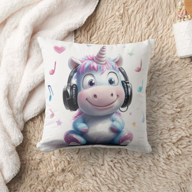 Cute Unicorn with Headphones Throw Pillow (Blanket)