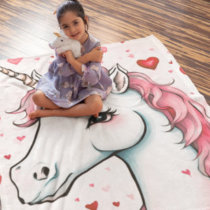 Cute Unicorn with Hearts Fleece Blanket