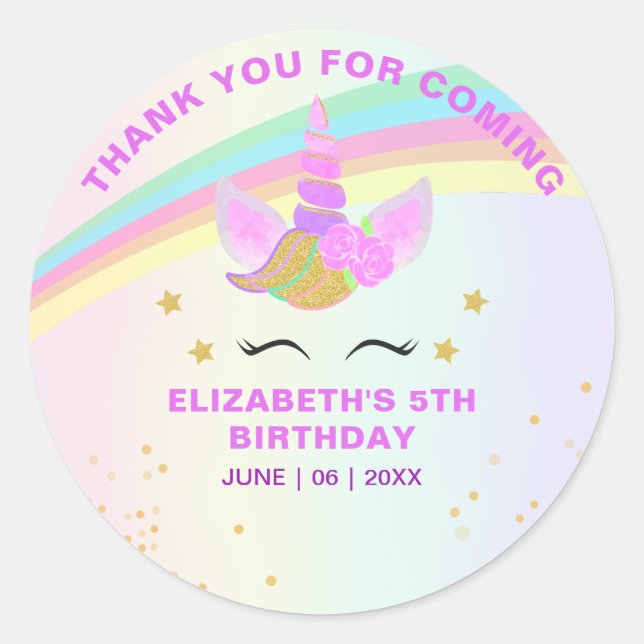 Cute Unicorn with Magic Rainbow Birthday Girl Classic Round Sticker (Front)