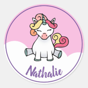 Cute unicorn with name classic round sticker