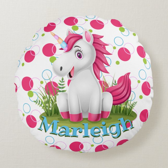 Cute Unicorn with Name Round Throw Pillow (Front)