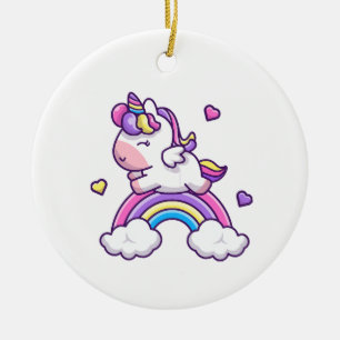 Cute Unicorn With Rainbow Cartoon Ceramic Ornament