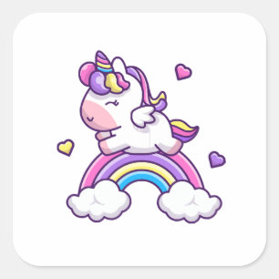 Cute Unicorn With Rainbow Cartoon Square Sticker