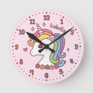 Cute Unicorn With Rainbow Mane Girls Room Decor Round Clock