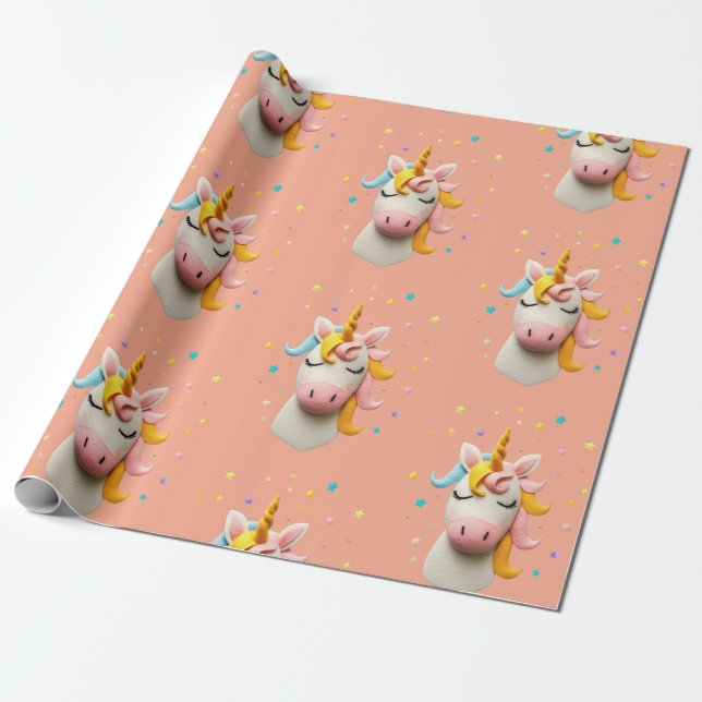 Cute Unicorn Wool Felt Girls Birthday Party Wrapping Paper (Unrolled)