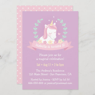 Cute Unicorn Wreath Floral Girls Birthday Party In Invitation