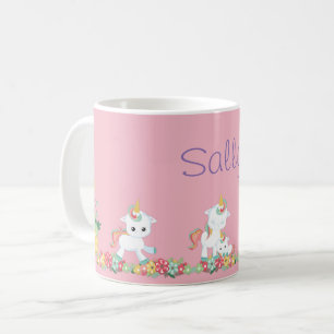 Cute Unicorns and Floral Personalised Coffee Mug