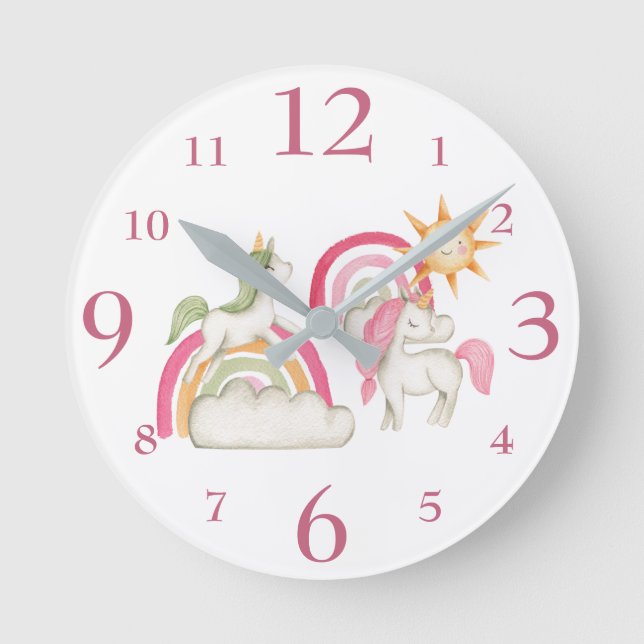Cute Unicorns and Pastel Boho Rainbows Round Clock (Front)