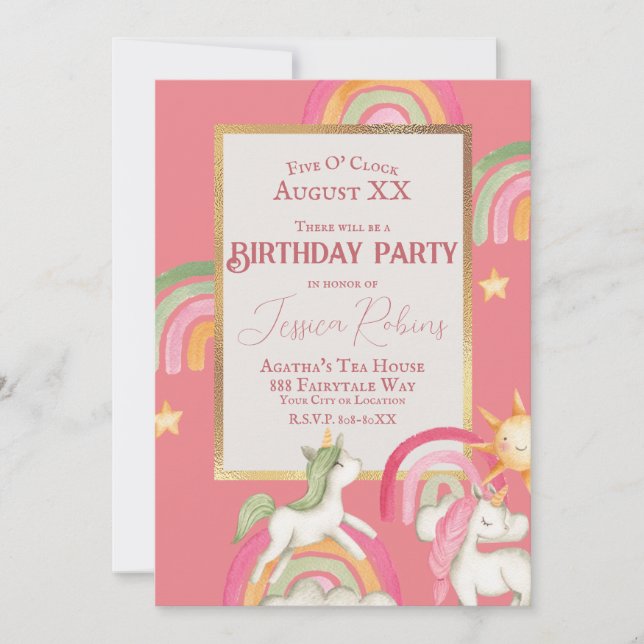 Cute Unicorns and Rainbows on Pink Invitation (Front)