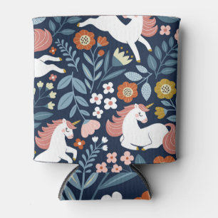 Cute Unicorns Floral Vintage Pattern Can Cooler