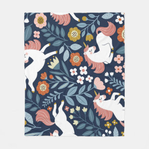 Cute Unicorns Floral Vintage Pattern Fleece Blanket