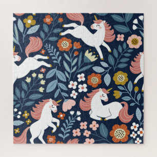 Cute Unicorns Floral Vintage Pattern Jigsaw Puzzle