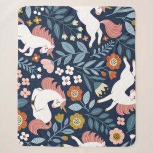 Cute Unicorns Floral Vintage Pattern Sherpa Blanket