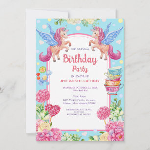 Cute Unicorns Flowers Watercolor Birthday Invitati Invitation