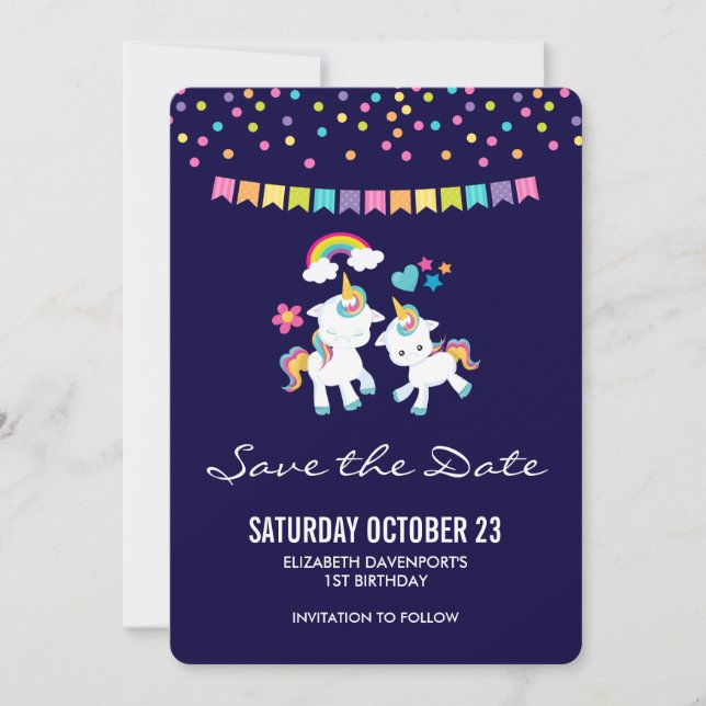 Cute Unicorns Magical Rainbow & Stars Birthday Save The Date (Front)