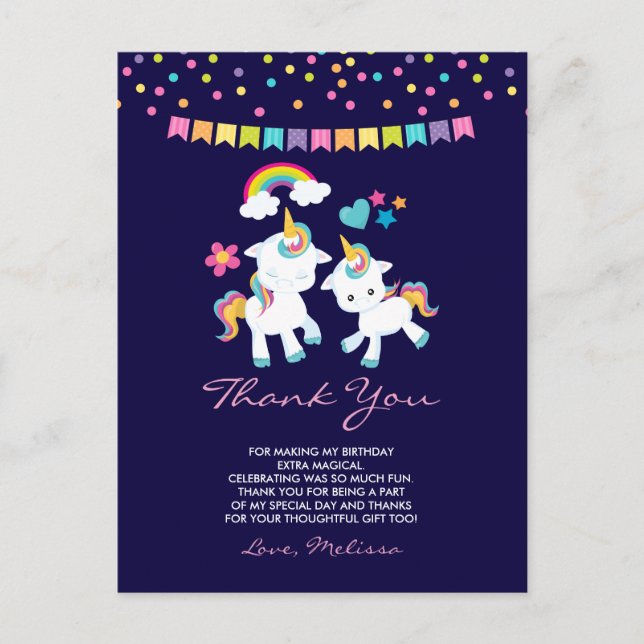 Cute Unicorns Magical Rainbow & Stars Thank You Postcard (Front)