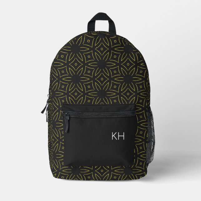 Cute Unique Black & Gold Mandala Monogram Initials Printed Backpack (Front)