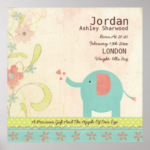Cute Unisex Baby Birth Date Elephant Nursery Poster
