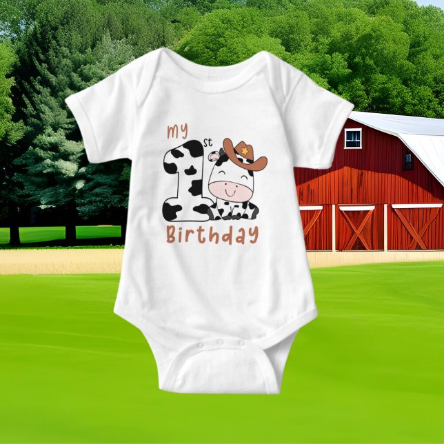 cute unisex baby first Birthday cow  Baby Bodysuit (Creator Uploaded)