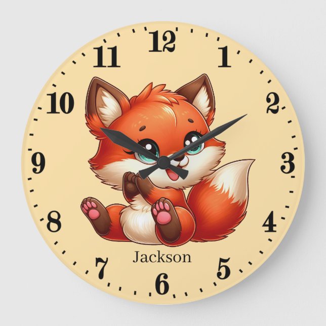 Cute unisex baby fox add name  large clock (Front)