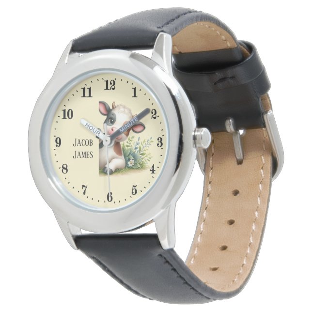 Cute unisex kids peeking cow add name watch (Angled)