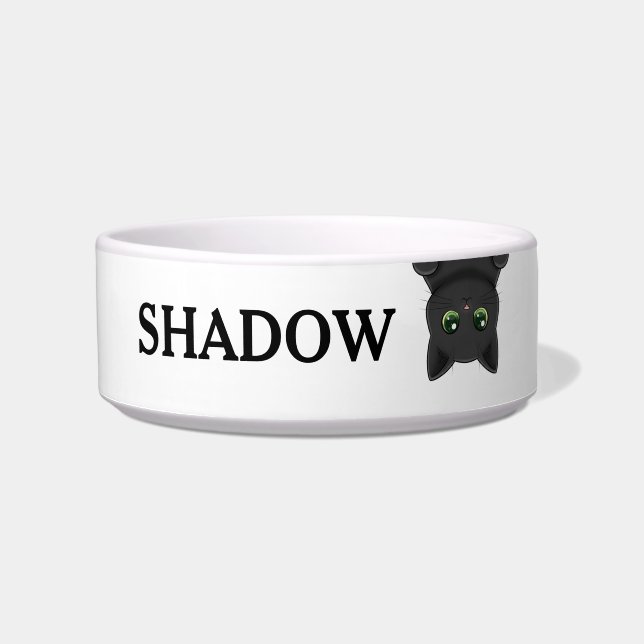 Cute Upside Down Peeking Black Cat Custom Name Bowl (Front)