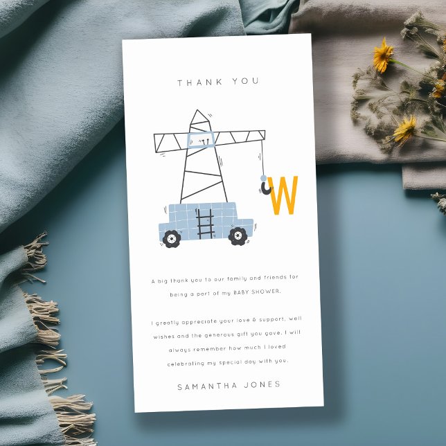 Cute Urban Construction Crane Boy's Baby Shower Thank You Card (Creator Uploaded)