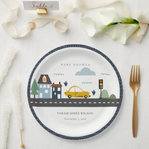 Cute Urban Vehicle Cars Road Cityscape Baby Shower Paper Plate