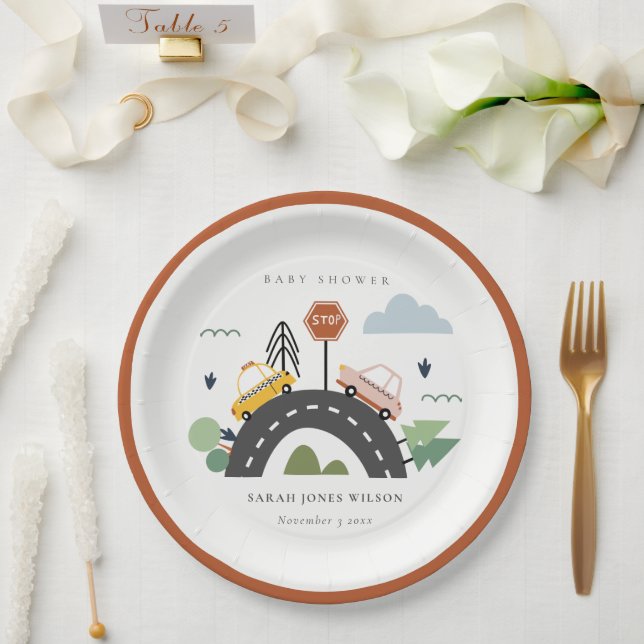 Cute Urban Vehicle Cars Road Cityscape Baby Shower Paper Plate (Wedding)