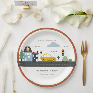 Cute Urban Vehicle Cars Road Cityscape Baby Shower Paper Plate