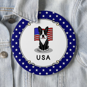 Cute USA American Flag Boston Terrier Dog (black) 6 Cm Round Badge