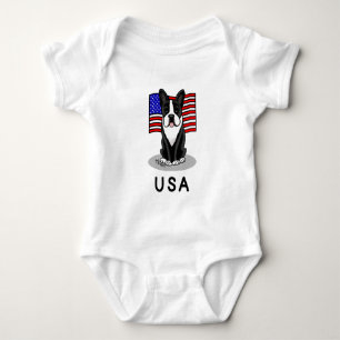 Cute USA American Flag Boston Terrier Dog (black) Baby Bodysuit